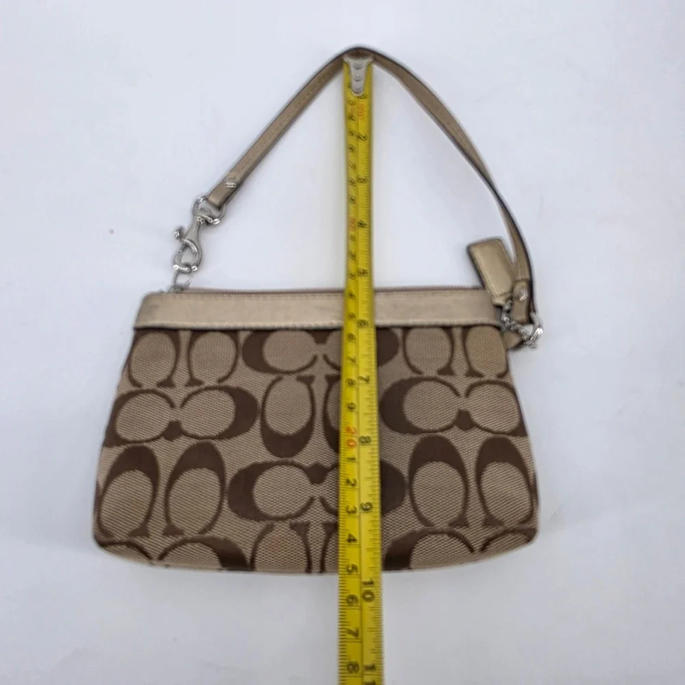 Coach Signature Canvas Metallic Gold Trim Wristlet Small Handbag Bag